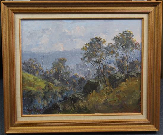 John Colin Angus (1907-2002) Farm in the Eldorado hills; Morning sunlight, Eldorado; The Kiewa Valley and Dusk in the Mitta Valley, lar